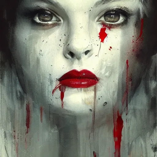 Image similar to portrait of the god of death, beautiful female face, angelic, dark, blood, by jeremy mann, by lucian freud, god rays, female warrior, warrior face painting red, wings, holding a weapon, intricate, highly detailed, trending on artstation, award winning, cinematic