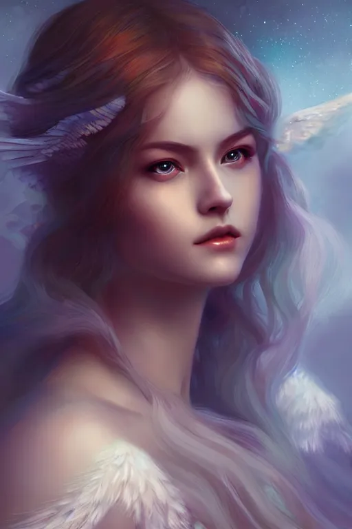 Image similar to Fantasy Mystical Beautiful Female Winged Guardian named Aurora, Highly Detailed Photorealistic, beautiful face, by NIXEU, by Việt Anh, by WLOP