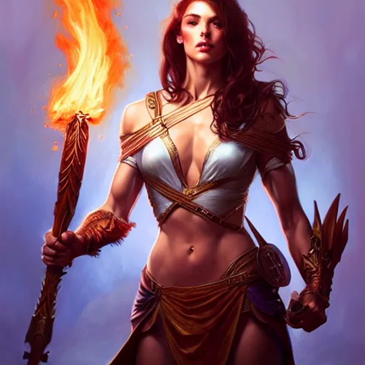 Image similar to female holding a flaming sword, muscular upper body, D&D, fantasy, intricate, elegant, highly detailed, digital painting, artstation, concept art, smooth, sharp focus, illustration, art by artgerm and greg rutkowski and alphonse mucha