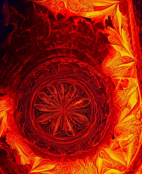 Image similar to simplicity, intricate transparent clear see - through image of fire, fractal, radiating, mandala, psychedelic, ultra realistic, concept art, modern art, photorealistic, octane render, 8 k, unreal engine. art by nori inoguchi and sam kaplan and zachary goulko and christopher marley