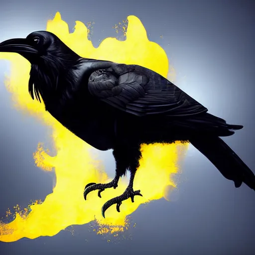 Image similar to anthropomorphic art of a raven wearing a layered yellow coat, holding a black flame, dark, moody, smooth, digital art, high detail, volumetric lighting.