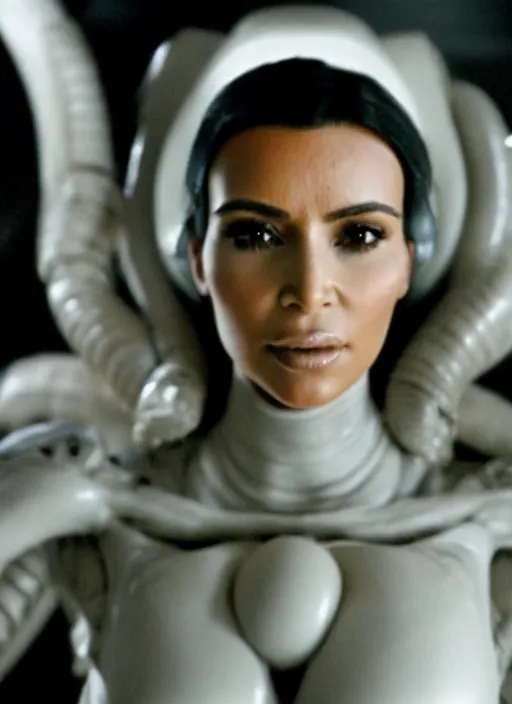 Prompt: movie still of kim kardashian with a alien facehugger face, in the movie alien. cinematic full shot.