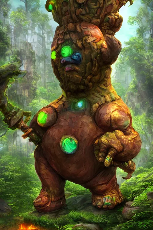 Image similar to arcane fantasy art giant golem elemental wood rock bastion forged gemstone enchanted forest troll, global illumination ray tracing hdr fanart arstation by sung choi and eric pfeiffer and gabriel garza and casper konefal lisa frank zbrush central hardmesh