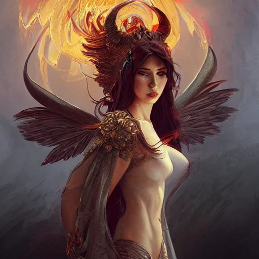 Image similar to a great lucifer, great wings, demon horn, fire on head, long dark hair, intricate, elegant, highly detailed, digital painting, artstation, concept art, smooth, sharp focus, illustration, art by artgerm and greg rutkowski and alphonse mucha