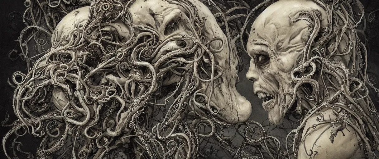 Image similar to centered horrifying detailed side view profile portrait of a insane, crazed, mad old bald zombie, eldritch abomination, dunwitch horror, ornate tentacles growing around, ornamentation, thorns, vines, tentacles, elegant, beautifully soft lit, full frame, by wayne barlowe, peter mohrbacher, kelly mckernan, h r giger