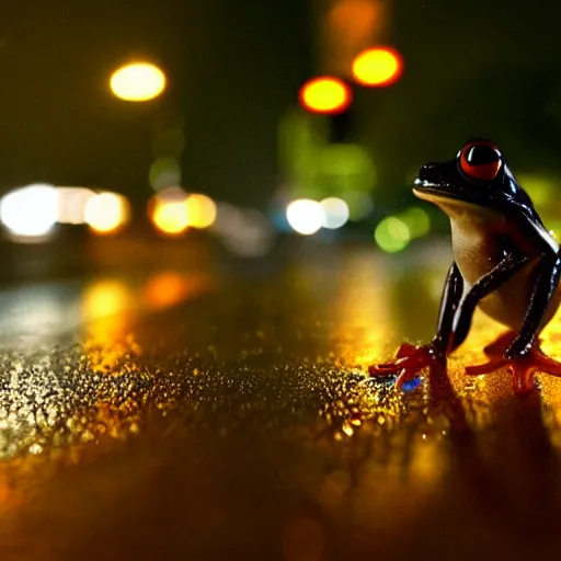 Prompt: photo, night, rain, modern street, light, close up the frog on wet road