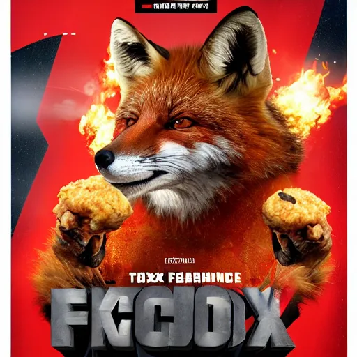 Image similar to action movie poster, featuring anthropomorphic fox sticking his head out of a pile of fried chicken, promotional advertising poster media