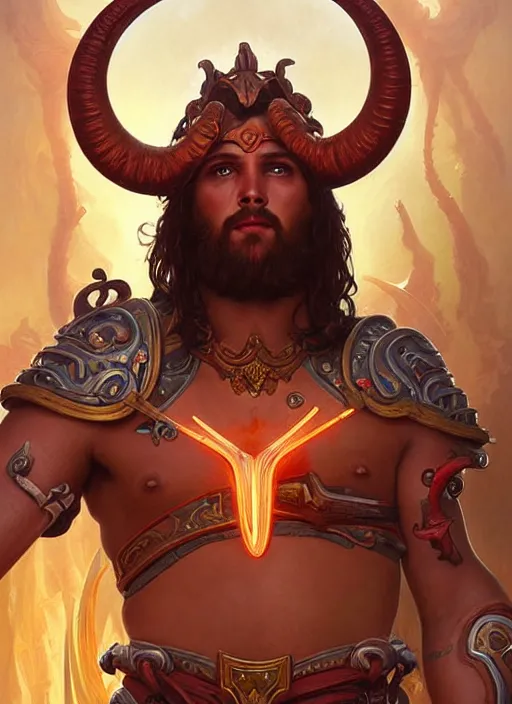 Prompt: handsome brazilian male warrior with spiraling ram horns, red planet mars, digital oil paining by artgerm, greg rutkowski, mucha, portrait | art nouveau. hearthstone. ornate intricate detail, complimentary fiery colors. sharp edges. clear detailed. 8 k. elegance