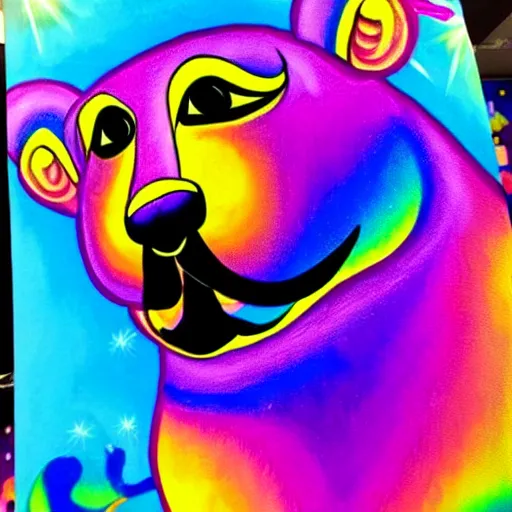 Image similar to lisa frank painting of sinbad at dave & busters