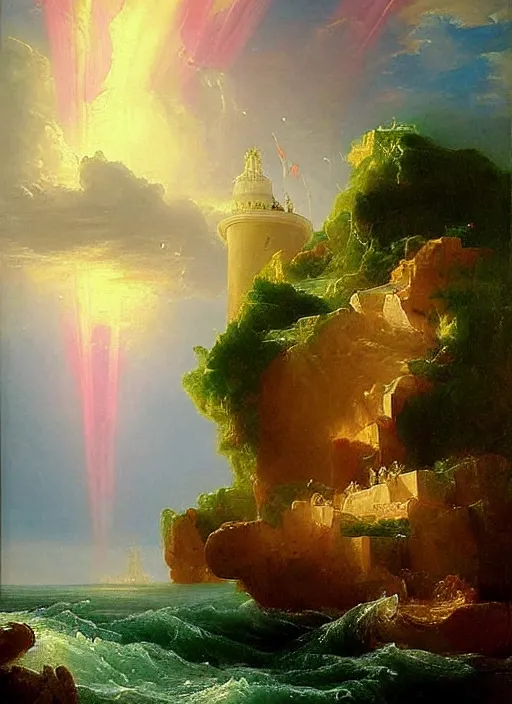 Image similar to a delicate ornate white fantasy tower with pink and green decoration splashes upwards from a turbulent ocean, dramatic lighting, rich colors, beautiful painting by Thomas Cole