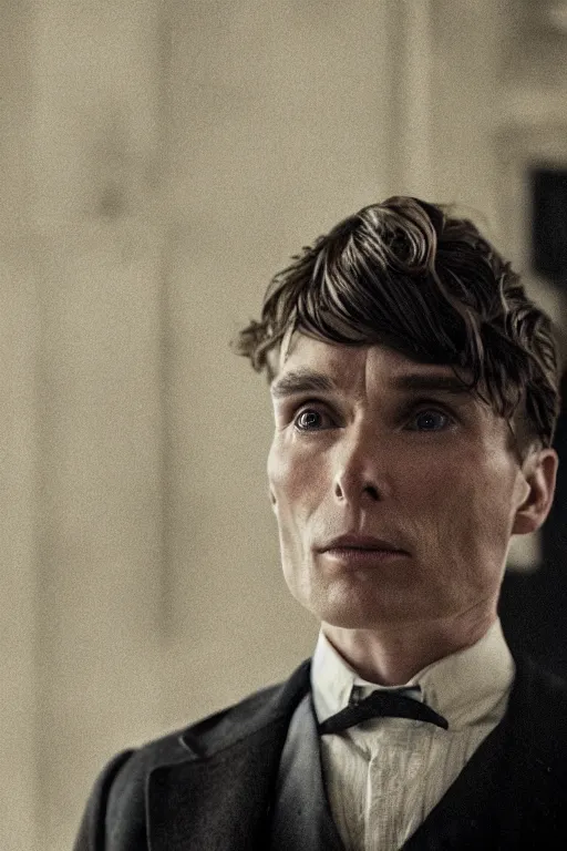 Prompt: portrait Cillian Murphy in Peaky Blinders sitting on sofa with young boy beautiful face, Perfect detailed face, front view fire in the background, dramatic, gloomy, dark, bleak, cheerless, desolate, impressive, tragic, cinematic, dull colours, dark colour scheme, atmospheric by Christopher Nolan