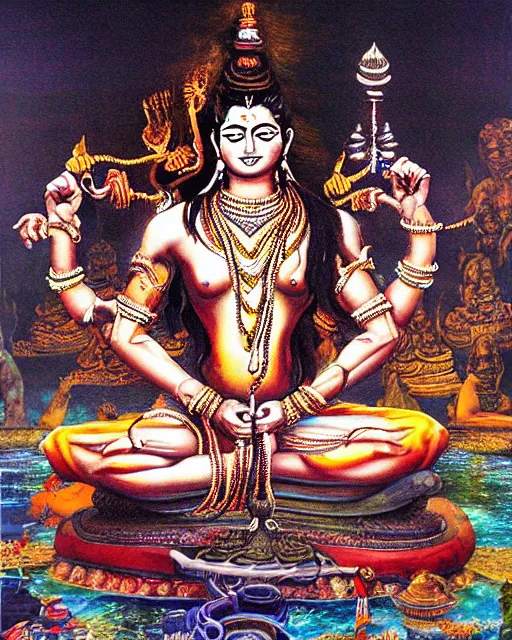 Image similar to One many-armed Shiva sits. In the background gasoline on the water. Dark colors, extremely high detail, hyperrealism, masterpiece, close-up, ceremonial portrait, solo, rich deep colors, realistic, art by Yoshitaka Amano