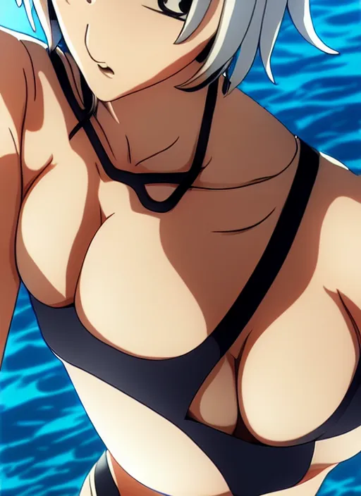 Image similar to film still portrait of fubuki from one punch man, wearing two - piece swimsuit, closeup at the faces, ilya kuvshinov, finely detailed feature, anime, deroo, pixiv top monthly, trending on artstation, cinematic, danbooru, zerochan art, kyoto animation