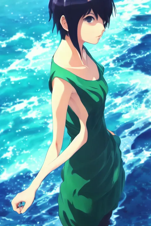 Image similar to makoto shinkai, artgerm, ilya kuvshinov, beautiful anime women with green dress, long blue hair, water powers water swirling, symmetrical face, symmetrical eyes, detailed, beach setting, cinematic lighting