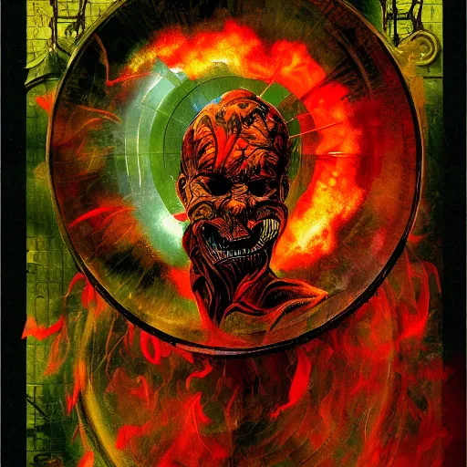 Prompt: The Devil's Hellfire burns hot as I spin on the wheel of karma, by Dave McKean, no borders, high quality, 8k, trending on Artstation, surreal