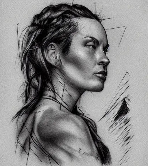 Prompt: creative blend of a hyper realistic mountain scenery with a beautiful woman face, tattoo design sketch, in the style of matteo pasqualin, hyper - realistic, amazing detail, black and white