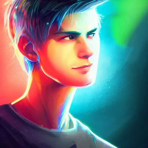 Prompt: portrait of a light haired young man with a scar across his left eye has an epic idea, rainbowpunk, high detail, concept art, neon color, vivid color, floating particles, glowing green eyes, spiral smoke, background by john harris + andreas rocha, artwork by charlie bowater + artgerm + anato finnstark + ross tran