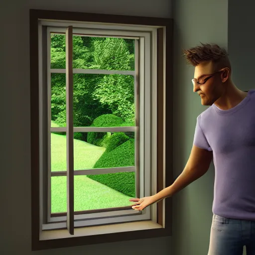 Prompt: 3 d rendered image of man oppening room window, fresh air blender 3 d keyshot unreal engine