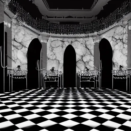 Image similar to an opera scenography with tul gobelins with black and white impressions of falling angels, a checkerboard floor of marble black and white.
