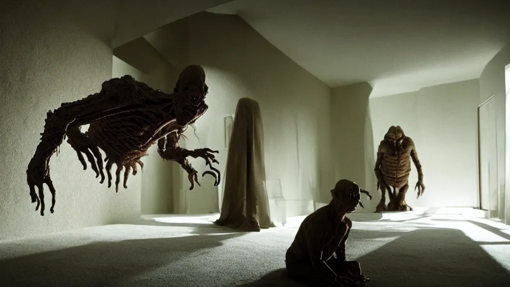 Image similar to the creature on the house in the house, film still from the movie directed by denis villeneuve and david cronenberg, with art direction by salvador dali, wide lens