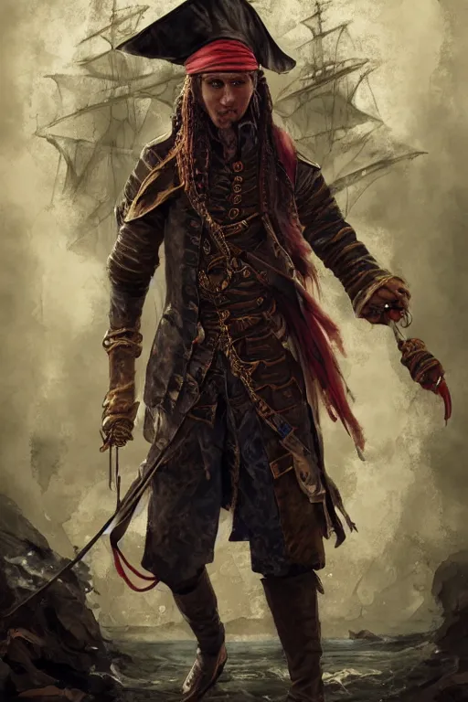 Prompt: Frank Dillane as a pirate full body portrait, seductive, sexy, cgsociety, intricate, digital painting, old english, whimsical background by marc simonetti, artwork by liam wong