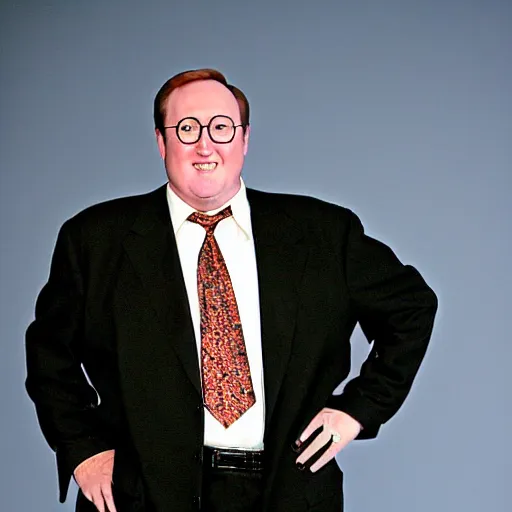 Prompt: 2 0 0 5 john lasseter of pixar is wearing a black suit and necktie. he is balancing on one leg as he holds his arms out to the side of him