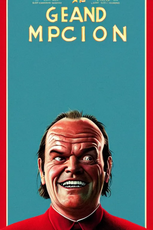 Image similar to a movie poster for the film the shining featuring a large portrait of jack nicholson's face and an axe in the style of the grand budapest hotel.