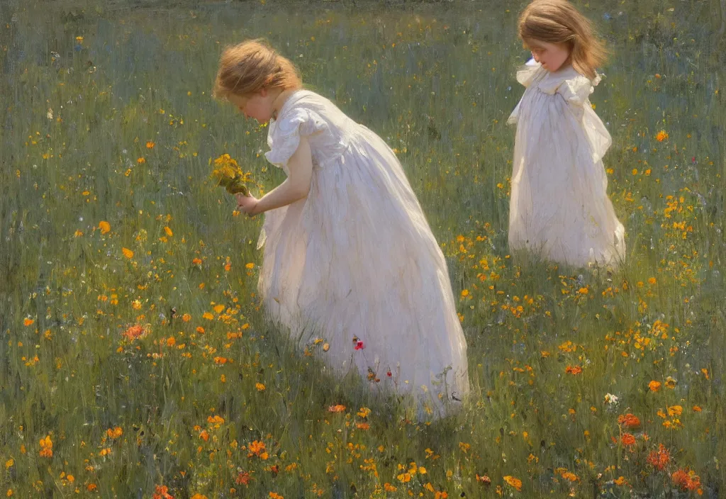 Prompt: little girl in summer dress plucking wild flowers sunlight jeremy lipking joseph todorovitch