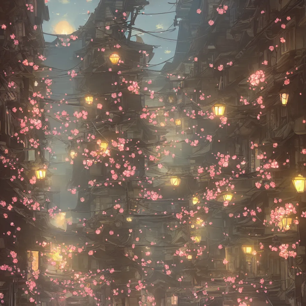 Prompt: Japanese street at night, cherry blossom petals, highly detailed, 3D render, digital art, artstation, 8K photography, matte photo-realistic, vivid colors, moody cool temperature, by Hayao Ghibli Miyazaki, breath of the wild style