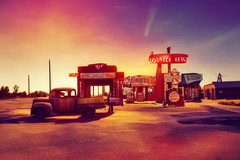 Image similar to a sunset light landscape with historical route 6 6, lots of sparkling details and sun ray ’ s, blinding backlight, smoke, volumetric lighting, colorful, octane, 3 5 mm, abandoned gas station, old rusty pickup - truck, beautiful epic colored reflections, very colorful heavenly, softlight