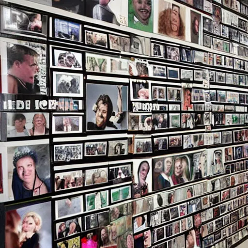 Image similar to photograph of a wall filled with hundreds of celebrity photographs