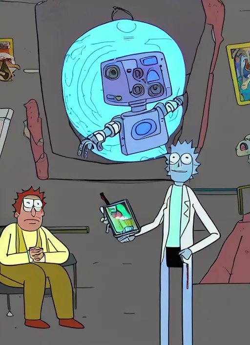 Image similar to a robot trying to draw a human hand, rick and morty art style illustration, justin roiland, dan harmon, location is a science fiction planet