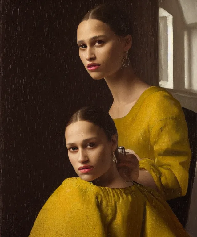 Image similar to a highly detailed, beautifully lit portrait of a pretty, young alicia jessica vikander alba sitting at a table by an open window, oil painting portrait by vermeer