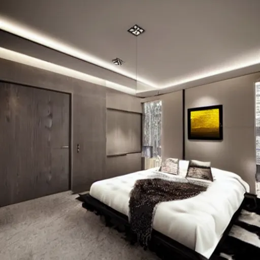 Image similar to contemporary bedroom design, modernism, photorealistic!!!!!!! art style, luminous lighting, intricately defined, beautifully ordinated