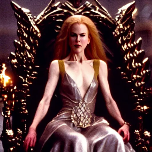 Image similar to cinematic scene with a twenty year old nicole kidman on a majestic throne as the goddess of war, dramatic, small details, volumetric lighting, still frame