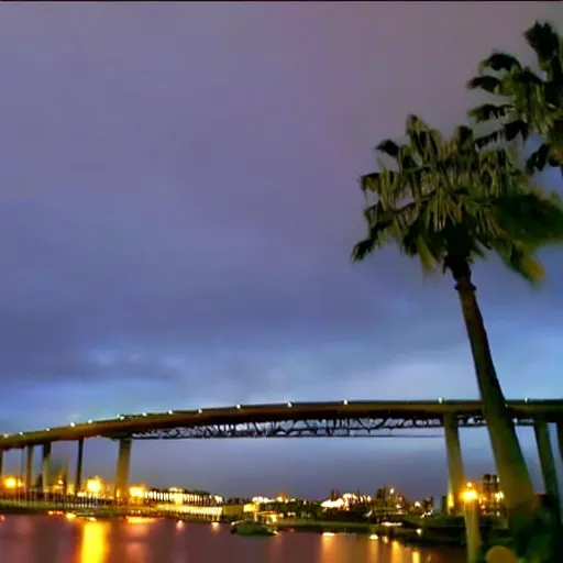 Image similar to blue hour, mostly cloudy sky, palm trees, bridge, curved bridge, dusk, oceanfront bridge, 2 4 0 p footage, 2 0 0 6 youtube video, 2 0 0 6 photograph, grainy low quality photograph, home video