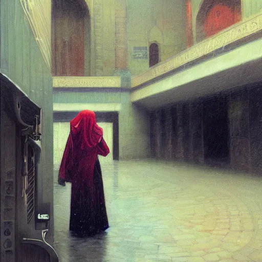 Image similar to detailed face of a woman, moment, courtyard, capital, cyberpunk mosque interior, control panel, watcher, omniscient, tech noir, wet reflections, impressionism, atmospheric, ambient, speed painting, livia prima, edward hopper