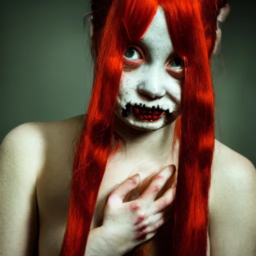 Prompt: A head and shoulders portrait of an adorable creepy horror girl with red hair in pigtails, eerie, dim lighting, 4K HD, professional portra 400 photograph