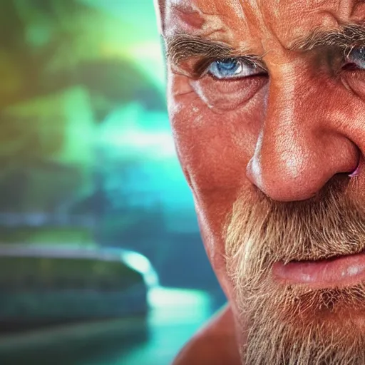 Prompt: movie still of hulk hogan from the new thunder in paradise movie, splash art, detailed face, photorealistic facial features, cinematic lighting, dramatic, octane render, long lens, shallow depth of field, bokeh, anamorphic lens flare, hyper detailed, 3 5 mm film grain