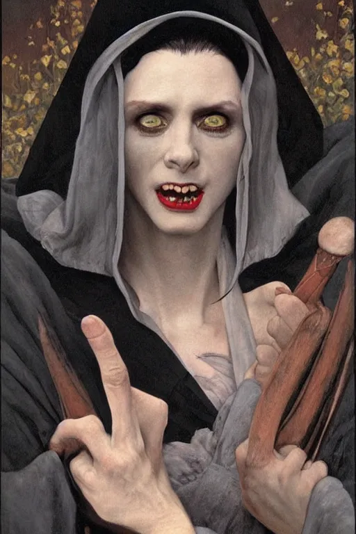 Prompt: a vampire wearing a long black robe with large bat ears huge black eyes and gray skin, character art, painting by james c christensen