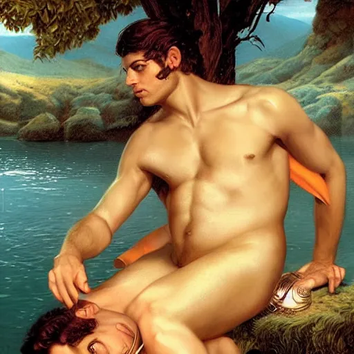 Prompt: very very very epic the greek man patroclus and his friend achilles the warrior, dreamy and ethereal, highly detailed, digital painting, artstation, concept art, smooth, sharp focus, by gil elvgren