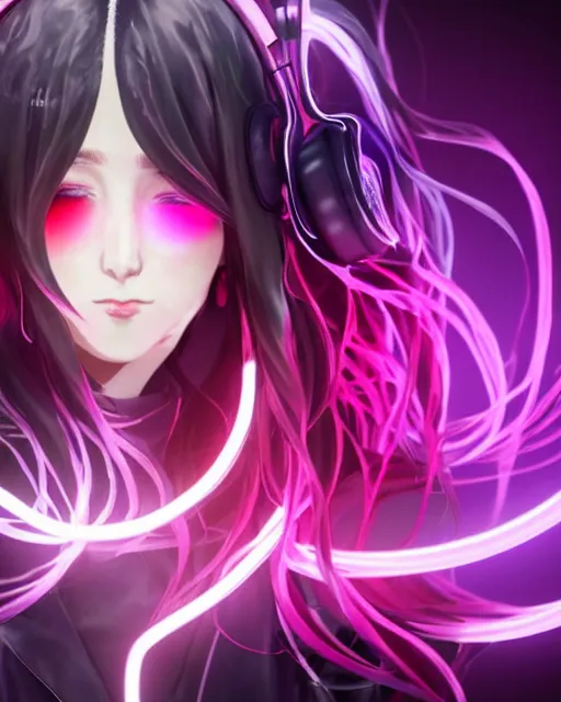 Image similar to beautiful portrait of a woman with pastel long hair with her eyes closed facing the camera centered with studio headphones on in the style of a code vein character, momo from twice in code vein in the style of WLOP, artgerm, yasutomo oka, rendered in unreal engine and redshift octane , background is surrounded by epic neon glitch effect digital art dynamic dramatic lighting, soft lighting, imagine fx, artstation, cgsociety, by Bandai Namco artist,