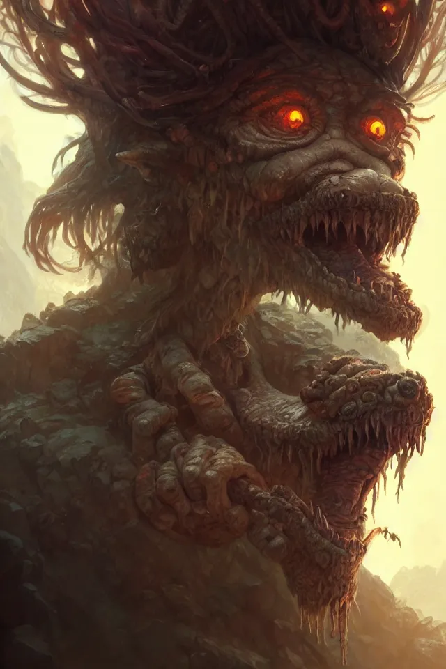 Image similar to close portrait of a blind cave troll, dungeons and dragons, savage monster, intricate, fantasy, extremely detailed, digital painting, artstation, concept art, smooth, sharp focus, illustration, ambient lighting, art by artgerm and greg rutkowski and alphonse mucha and simon stalenhag