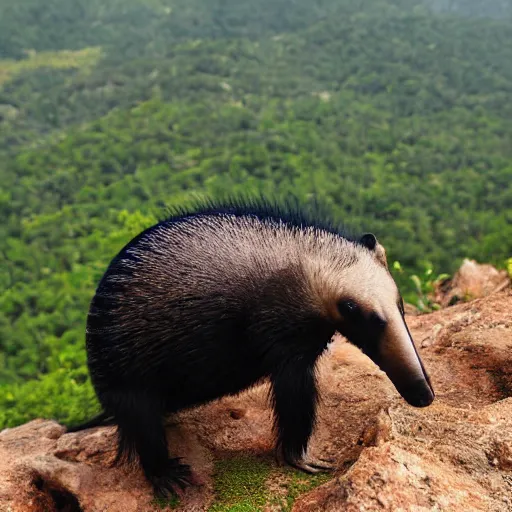 Image similar to anteater eating ants at the top of mountain, triunphantly, photograph