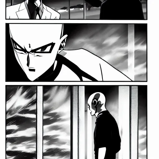 Prompt: Agent 47 in a scene from neon Genesis Evangelion, manga, hyper detailed
