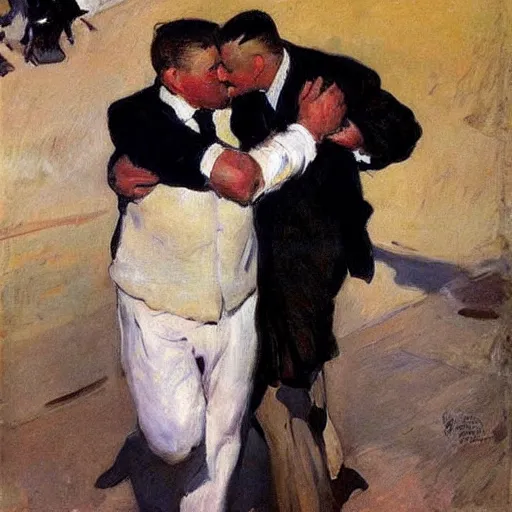 Prompt: two strongmen in love, one white one black, painted by Joaquín Sorolla