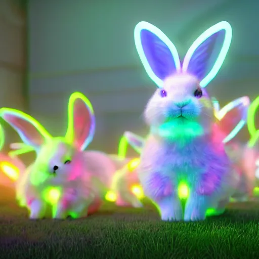 Prompt: neon fluorescent, iridescent cute bunny rabbits with fairy wings cyperpunk 2 0 7 7, unreal engine 5, 8 k ultra realistic, hyperdetailed, volumetric lighting, extremely high quality