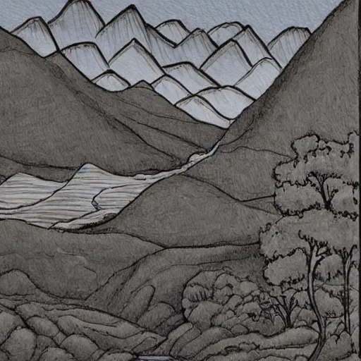 Image similar to Sculpture. a landscape of a mountainous area with a river running through it. There are trees and plants in the foreground, and the mountains are in the background. pale by Steve Ditko stormy