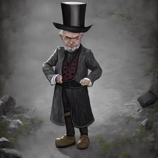 Image similar to an old male halfling with grey hair and black eyes wearing a suit and top hat in a medieval village, D&D, high detail, trending on artstation, 4k photorealistic, volumetric lighting, HD