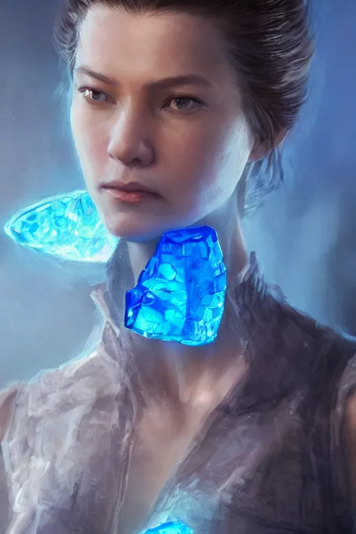 Image similar to A portrait of a women wearing a blue crystal pendant by Greg Rutkowski, Sung Choi, Mitchell Mohrhauser, Maciej Kuciara, Johnson Ting, Maxim Verehin, Peter Konig, Resident evil , 8k photorealistic, cinematic lighting, HD, high details, dramatic, atmospheric , trending on artstation